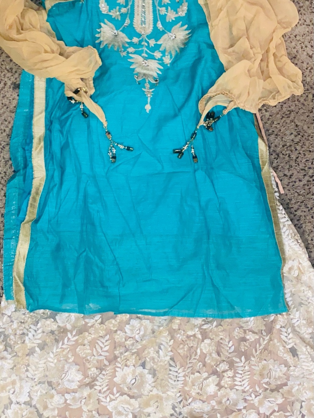 Turquoise Embroidered Women's Top with Cream Dupatta